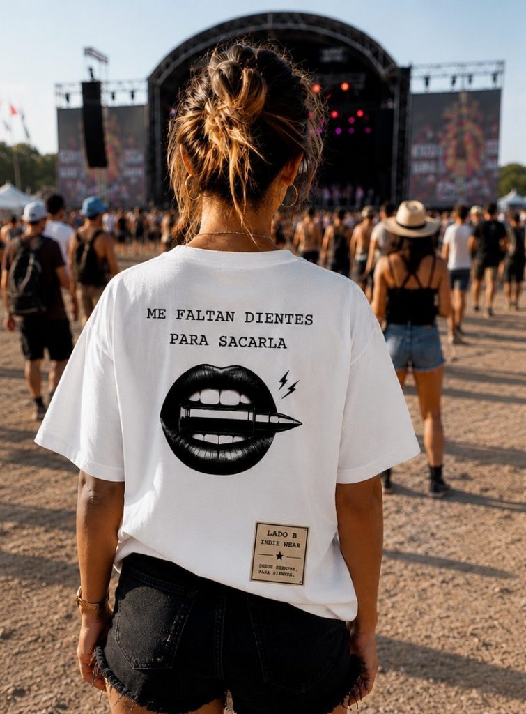 Camiseta Lado B Ruido, guitarras y dientes puesta espalda